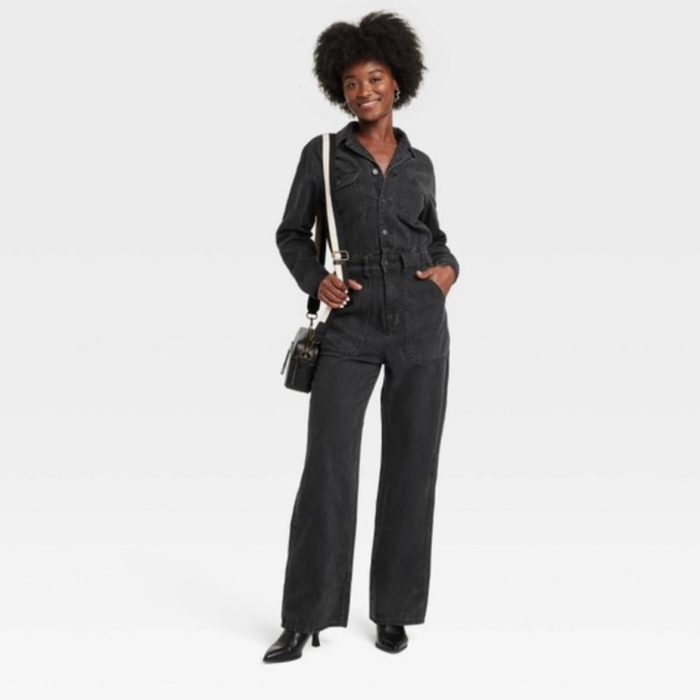 &Denim black denim baggy wide leg jumpsuit - Picture 3 of 8